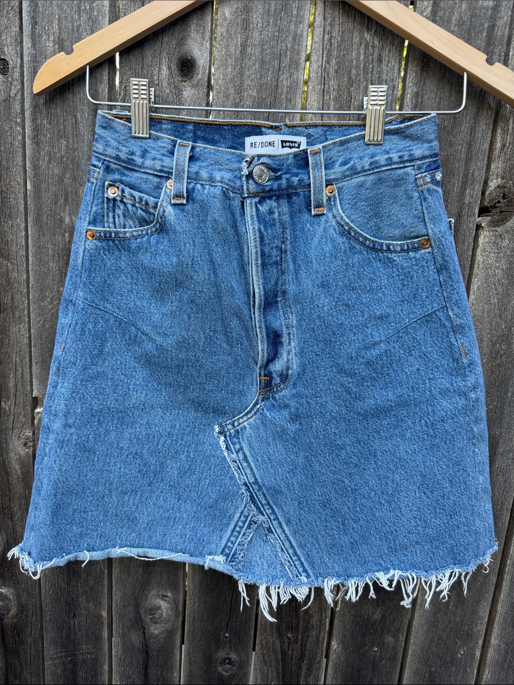 Re/Done Blue Denim Frayed Mini Skirt